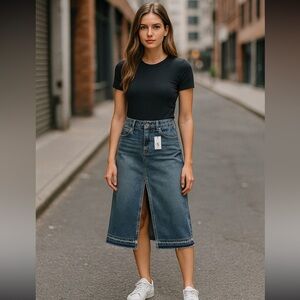 Happily Women’s Grey Denim Midi Skirt Blue Raw Hem Front Slit Jean Skirt Y2K 3